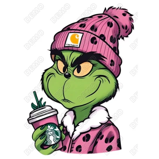 Grinch Christmas Pink Hat  DTF Iron on Transfer - Ready to Press