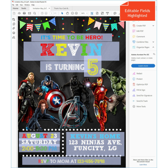 Avengers Birthday Invitation Superheros for Girl  Digital Template  Editable PDF + Free Thank You Card (by www.kraftyme.com)