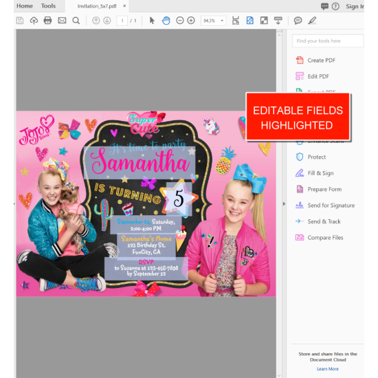 Jojo Siwa Birthday Party Invitation  Editable Template  Digital Editable PDF (by www.kraftyme.com)