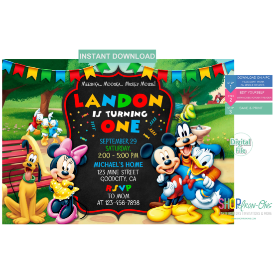 Mickey Mouse Clubhouse Birthday Invitations  Instant Download  Editable PDF + Free Thank You Card (by www.kraftyme.com)